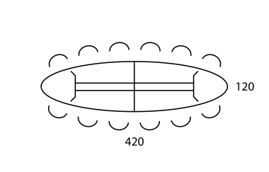 Vergadertafel Real ellips 420x120 cm op 3 poten 